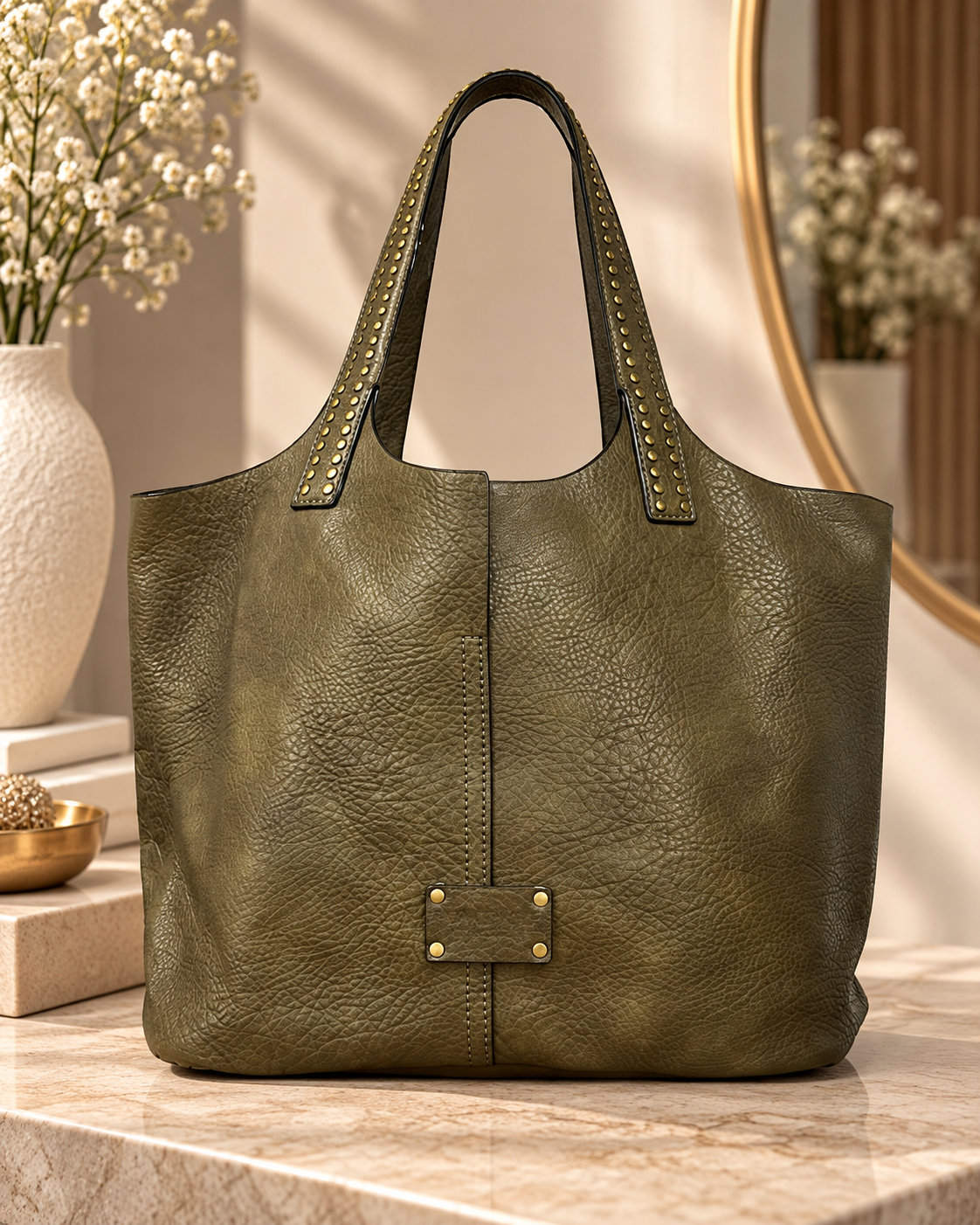 Sac Cabas Vert Olive en Similicuir avec Détails Cloutés – Sac à Main Élégant