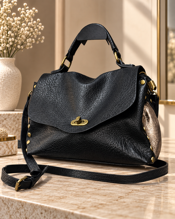 Sac à Main Élégant Noir en Similicuir avec Détails Dorés – Sac Épaule & Bandoulière
