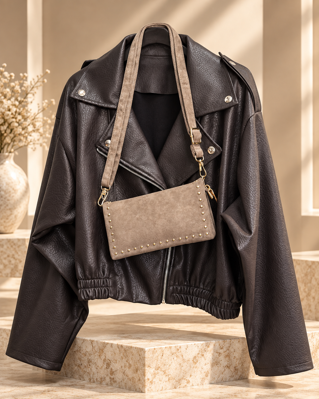 Veste Noire en Similicuir avec Sac Bandoulière Clouté – Look Élégant et Tendance