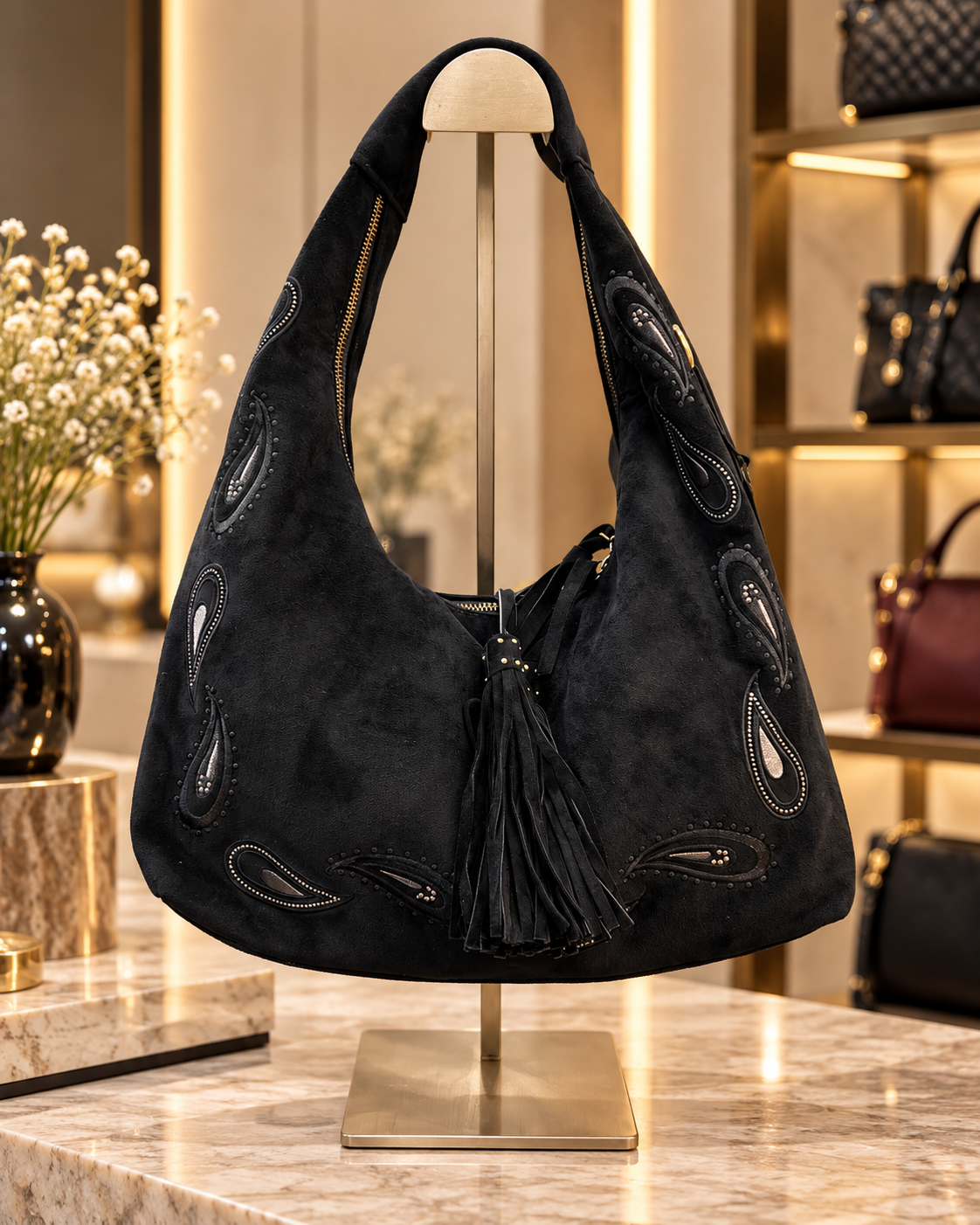 Sac Hobo Noir en Similicuir avec Détails Paisley et Pampille – Sac à Épaule Élégant