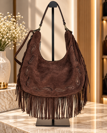 Sac Hobo Marron en Similicuir à Franges avec Détails Paisley – Sac à Épaule Bohème