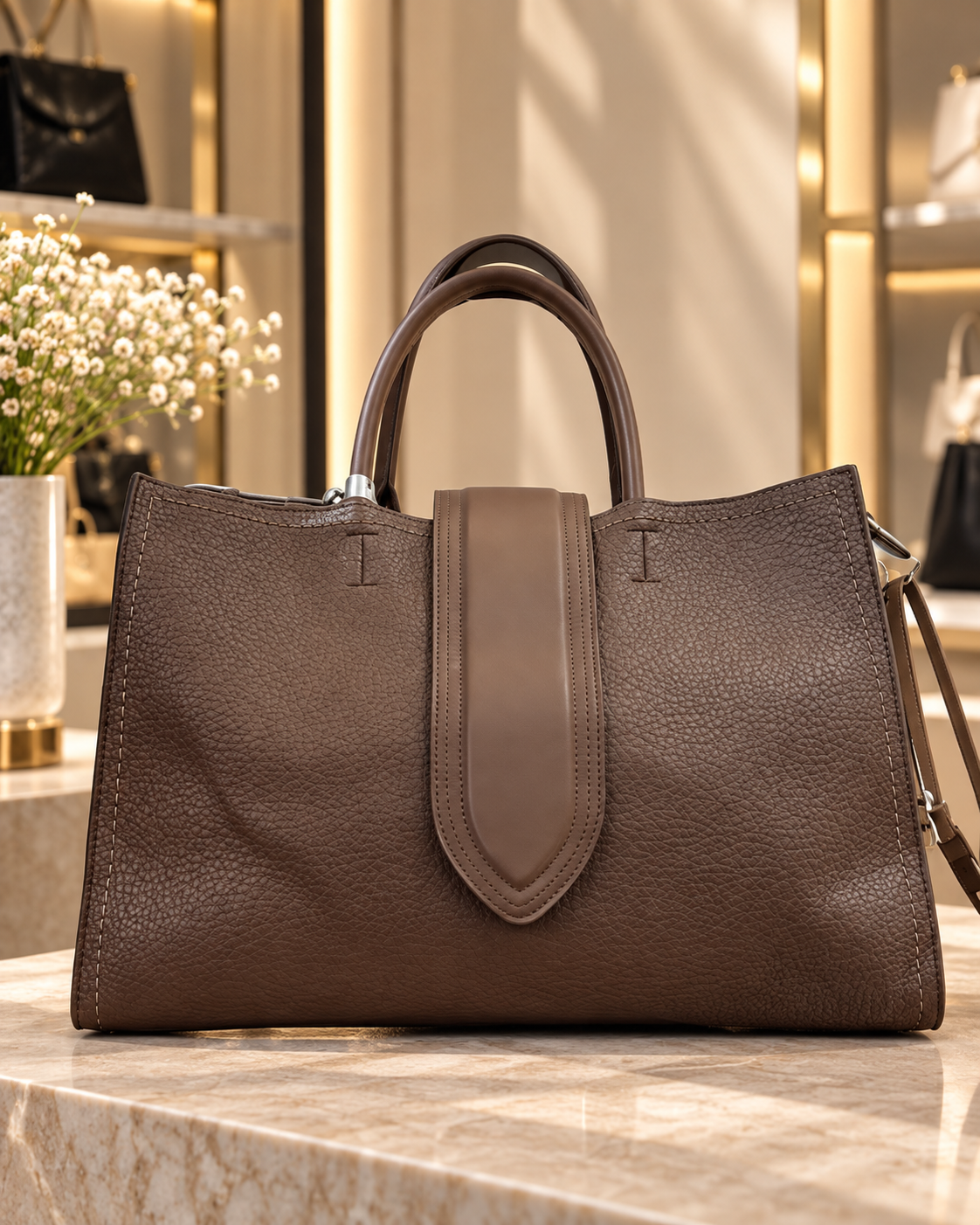 Sac à Main Marron Élégant en Similicuir avec Détail Central – Cabas Chic et Structuré