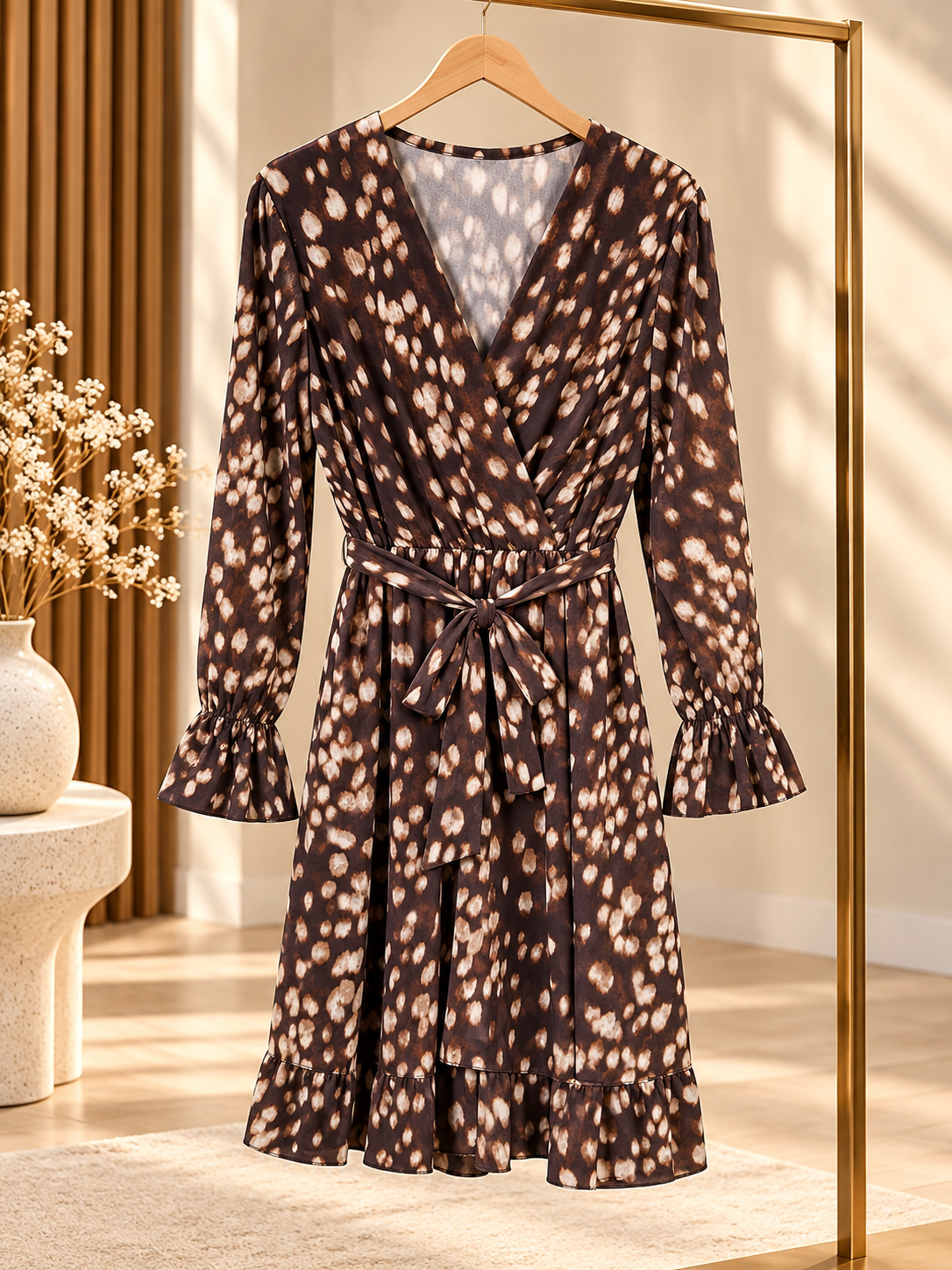 Robe Portefeuille Marron et Crème Imprimée avec Ceinture
