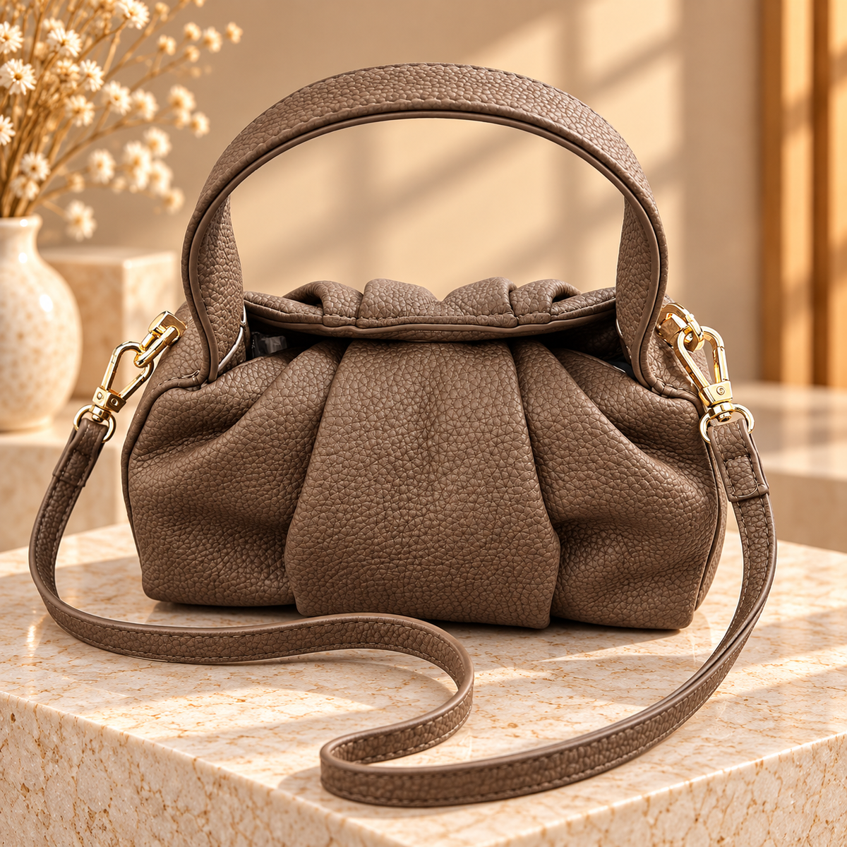 Sac à Main Taupe Froncé avec Détails Dorés